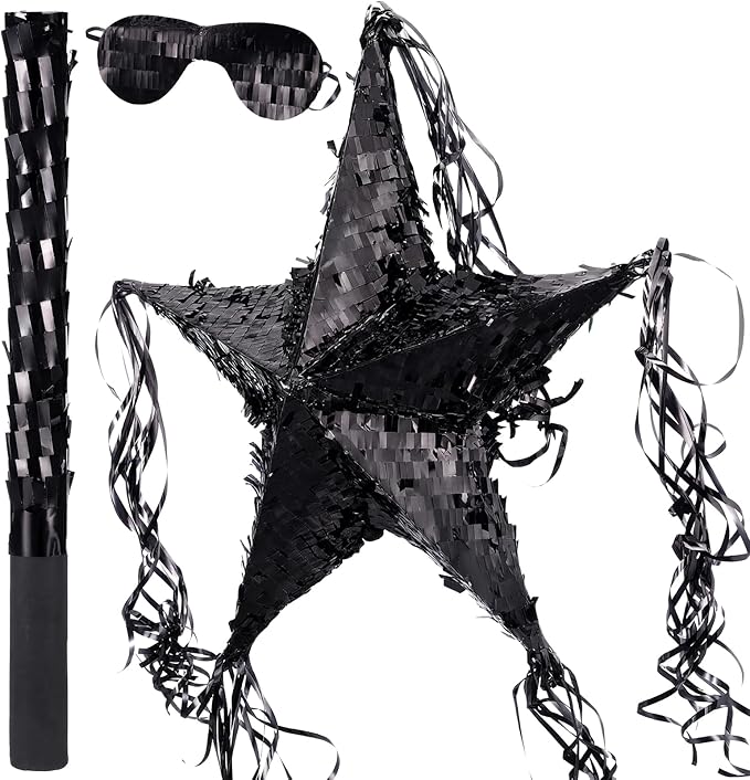 Hanaive Foil Star Piñata with Blindfold and Bat for Birthday Foldable Star Shape Piñata with Stick Festive Fiesta Party Supplies Favors for Mexican Party(Black)