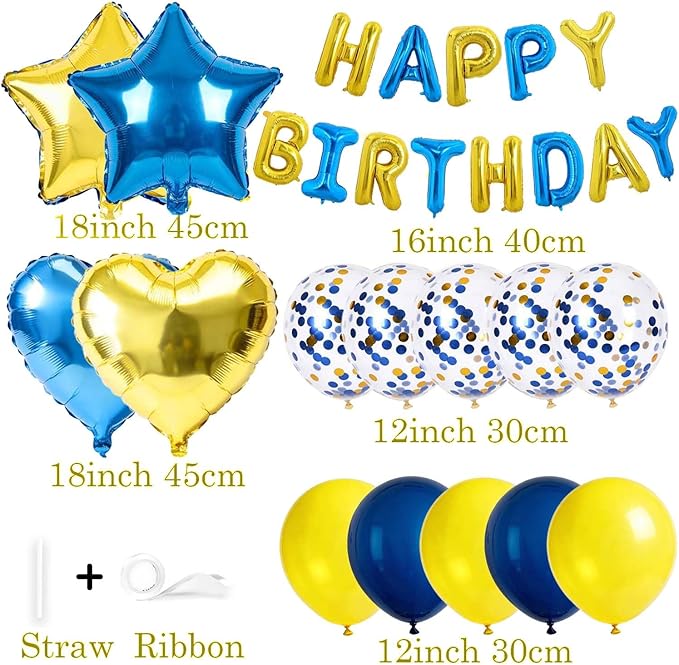 27 Pcs Gold Blue Birthday Decorations, 3D Letters Yellow Blue Happy Birthday Balloon Banner, Pentagram Heart Foil Balloons Confetti Balloons Kit For Boys Girls Party Supplies
