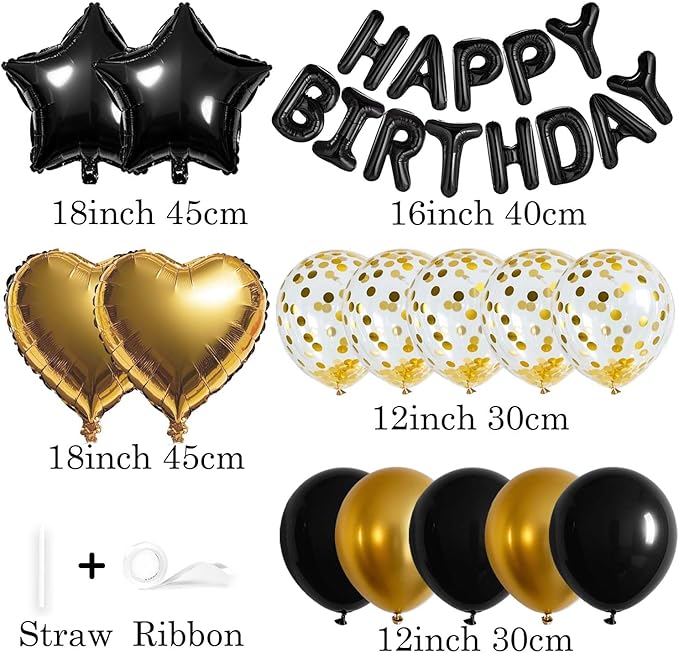 27 Pcs Black Gold Birthday Decorations, 3D Letters Black Happy Birthday Balloon Banner, Pentagram Heart Foil Balloons Confetti Balloons Kit For Boys Girls Party Supplies