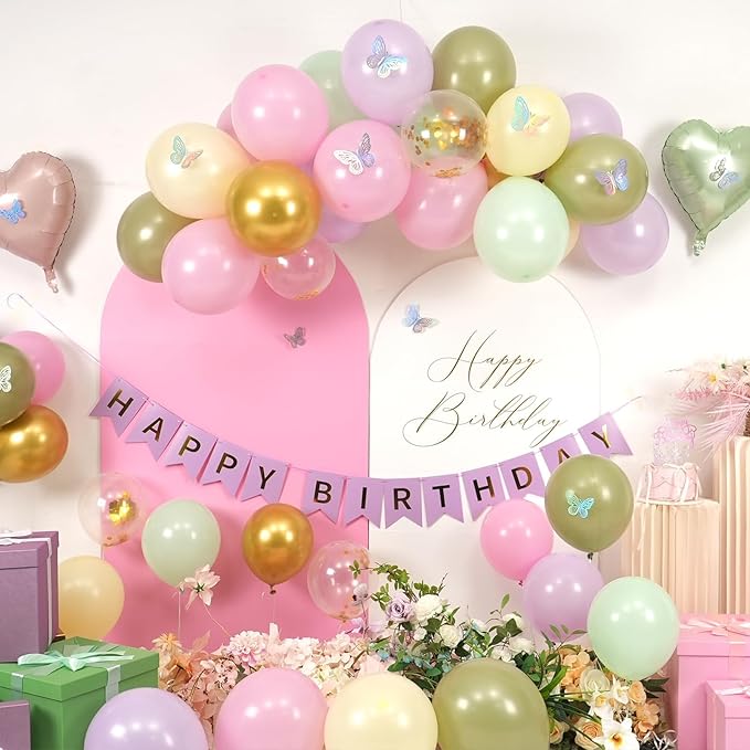 Fairy Birthday Decorations for Women Girls,Fairy Themed Party Decorations Sage Green Purple Pink Yellow Balloons Happy Birthday Banner Girls Butterfly Birthday Decor Spring Tea Party Supplies