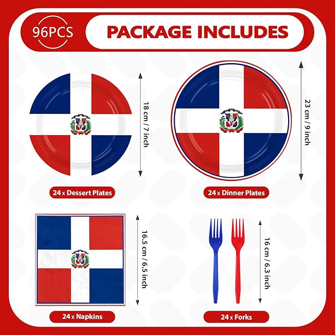 96Pcs Dominican Republic Flag Party Decorations Dominican National Plates and Napkins Red White and Blue Flag Tableware Set for Patriotic Country Festival Party Supplies Serves 24