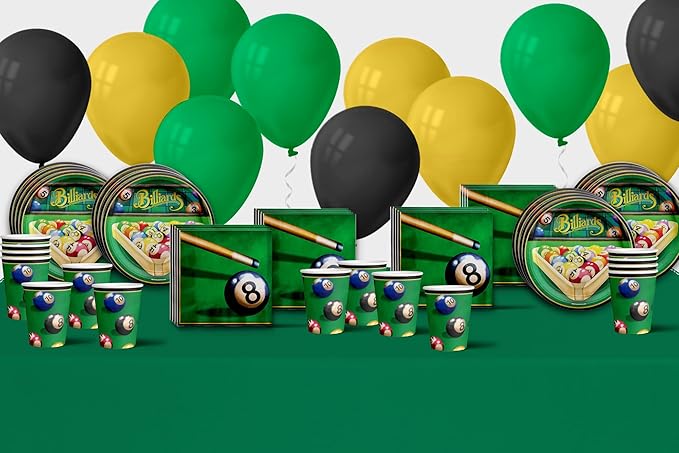 Billiards Party Supplies - Pool Table Plates and Napkins - Adult Birthday Supplies - Father's Day Tableware Set Includes Plates Napkins Cups - Kit for 16
