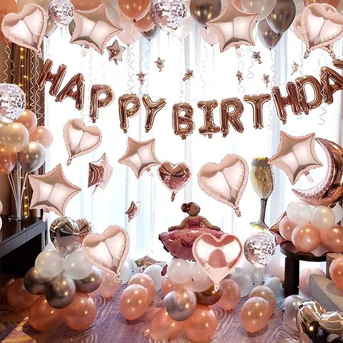 27 Pcs Rose Gold Birthday Decorations, 3D Foil Rose Gold Happy Birthday Balloon Banner, Pentagram Heart Foil Balloons Confetti Balloons Kit For Boys Girls Birthday Party Supplies