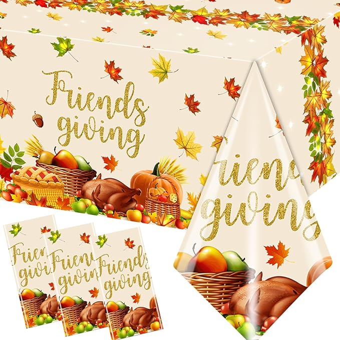 HAKOTI Fall Thanksgiving Party Decoration, 3Pack Autumn Maple Leaf Table Cover Disposable Plastic Tablecloths for Friends Giving Tablecloths