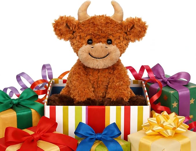 Hopearl Adorable Plush Highland Cow Toy Floppy Soft Stuffed Animal Cute Birthday Gifts for Boys Girls Kids Toddlers, Brown, 10''