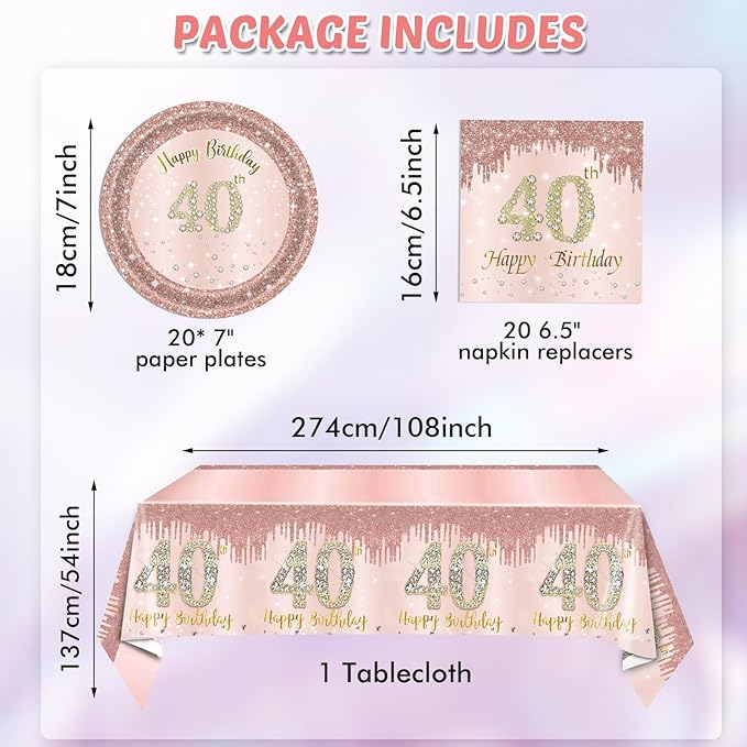 40Pcs 40th Birthday Decorations for Women 1986 Birthday Table Disposable Tableware Kit Rose Gold 40th Birthday Plates and Napkins Set 40th Birthday Tablecloth for Women Forty Birthday Party Supplies