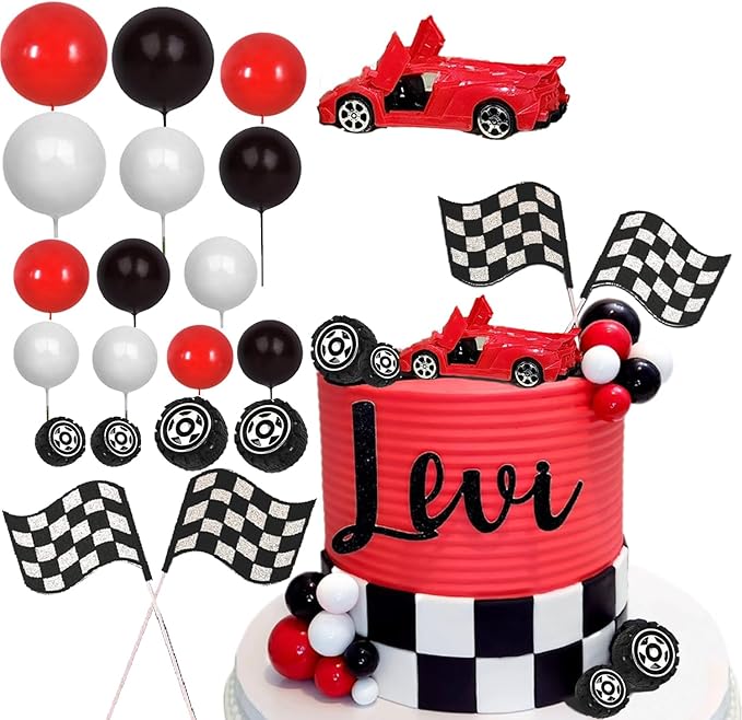 Race Cake Toppers with Red Car Black Red White Balls Flags Wheels Set for Birthday Party Supplies Decor