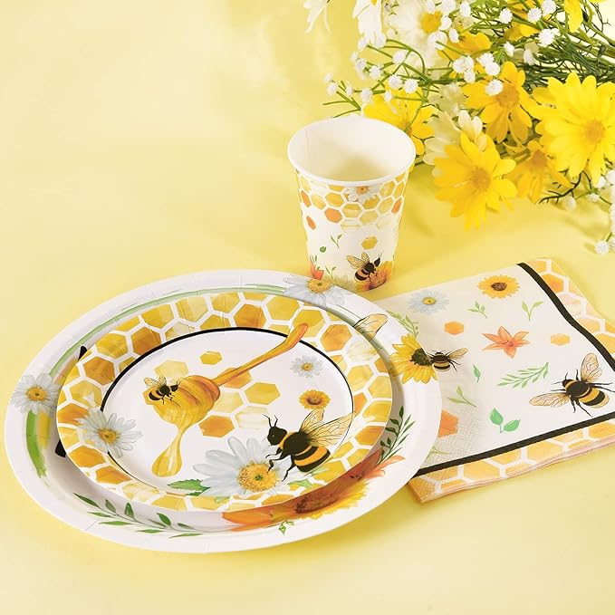 WERNNSAI Bee Birthday Decorations - 64 PCS Bee Plates Napkins and Cups Honeybee Baby Shower Decorations Paper Plates Cups Napkins Dinnerware for Kids Boys Girls Birthday Serves 16 Guests