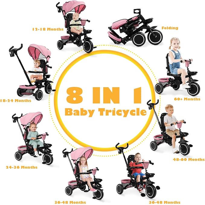 Folding Kids Tricycle, 8 in 1 Toddler Trike W/Removable & Adjustable Canopy, Parent Handle, 5-Piont Harness, Toddler Bike Tricycle for Kids 1-6 Years, EVA Wheels, Storage Basket, Pink