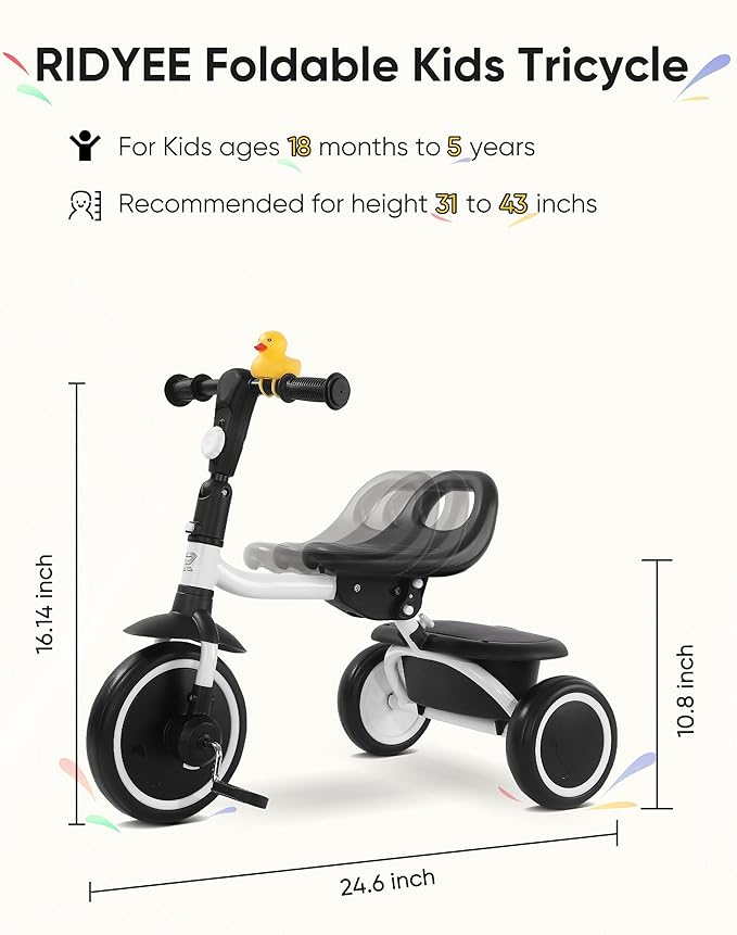 Toddler Tricycle for 18 Months to 5 Years, Foldable Tricycles for 1.5-5 Year Olds, Kids Tricycle with Adjustable Carry-Friendly Ergonomic Seat and Covered Large Basket, White