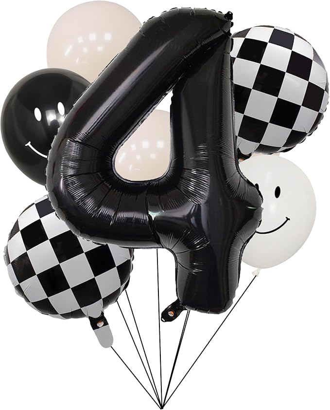 100% LIKED- 40” Black Four|Black & White Smiley Face Latex |Checkered Foil for Birthday Decorations, Smiley Face Party Deco, Baby Shower, 4th Birthday Party Supplies