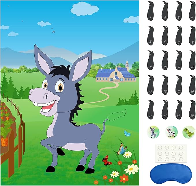 Morcheiong Pin The Tail on The Donkey Party Game with 48pcs Tails for Kids Birthday Party Supplies Donkey Party Favors Farm Party Decorations