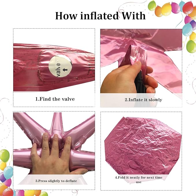 6 Pcs Silver Star Foil Balloons One-Piece 14-Pointed Star Balloon 4D Starburst Cone Mylar Balloon 22inch Christmas Birthday Wedding Wedding Anniversary Party Supplies (Pink)