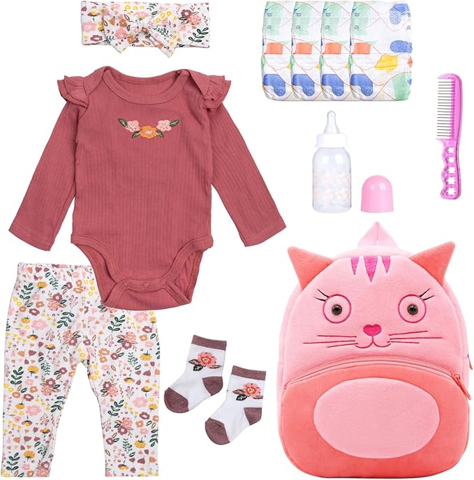 11Pcs Reborn Baby Doll Clothes 17-22 Inch Girl Floral Reborn Doll Clothes with Backpack Newborn Baby Outfits Diapers Bag & Fedding Bottle, Pretend Play Doll Accessories Set