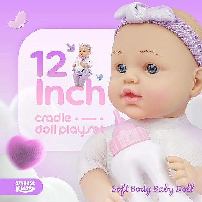 SMILESSKIDDO Baby Doll with Accessories, 12" Dolls Playset with Washable Carrier Bassinet Bed, Bottle, Blanket, and Pillow, Soft Body Baby Dolls for 2+ Year Old Girls