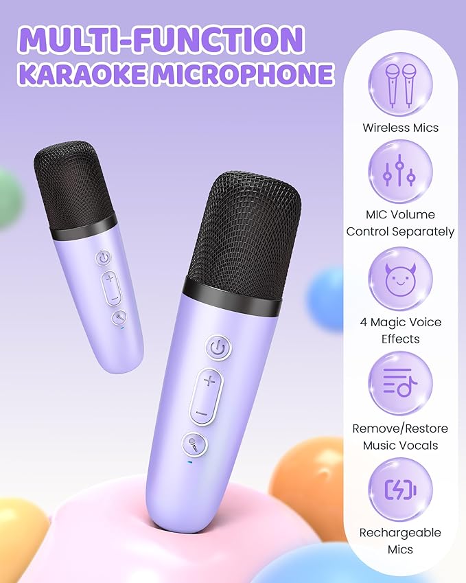 Upgraded Mini Karaoke Machine with 4 Wireless Microphones Toy for Kids, Birthday Gifts for Girls Boys, Portable MP3 Player for Ages 3, 4, 5, 6, 7, 8, 9, 10, 11, 12+ Year Old Party (Purple)