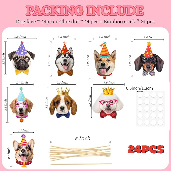Pet Dog Cupcake Toppers, 24 PCS Pet Dogs Themed Birthday Party Supplies Cute Puppy Birthday Party Baby Shower Party Cake Decorations