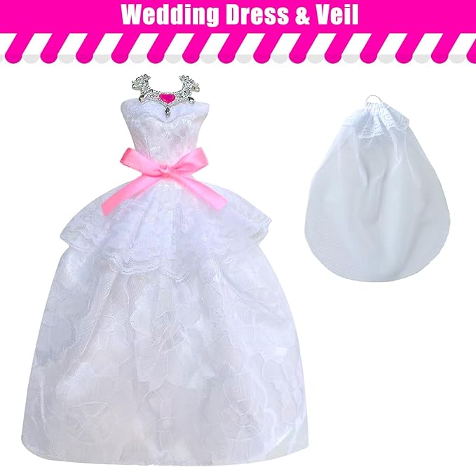 35 Pieces Doll Clothes and Accessories for 11.5 Inch Girl Dolls, Random 2 Wedding Dresses, 3 Fashionable Dresses, 3 Evening Dresses, 4 Tops, 4 Pants, 2 Swimwear, 5 Shoes, 10 Hangers, Necklace, Veil