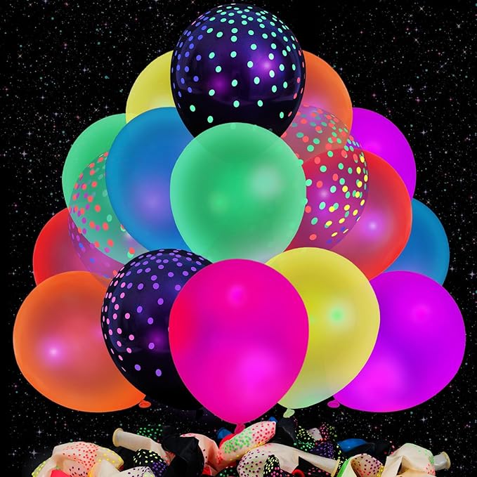 LovesTown 66PCS Glow Balloons Assorted, UV Neon Latex Balloons 12" with Small Dots for Birthday Wedding Glow Party Supplies