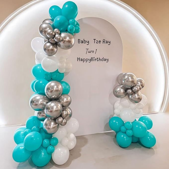 Teal Blue and Silver Balloons, 60 Packs 12Inch Teal and Metallic Silver Balloons, Teal Blue White Silver Confetti Balloon with Ribbons for Wedding Baby Bridal Baby Shower Birthday Party Decoration