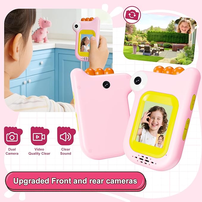 Dinosaur Video Walkie Talkies for Kids with 6 Voice Effects, Support Send Voice, Pictures, Emojis, and Selfies, Upgraded Front and Rear Cameras,Gifts for Boys & Girls Outdoor Play, Camping(Blue/Pink)