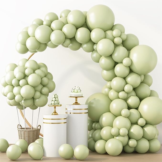 RUBFAC Dusty Green Balloons 129pcs Different Sizes Pack of 18 12 10 5 Inch, Latex Boho Sage Green Balloon Garland Arch Kit for Wedding Dinosaur Jungle Safari Birthday Party Decorations