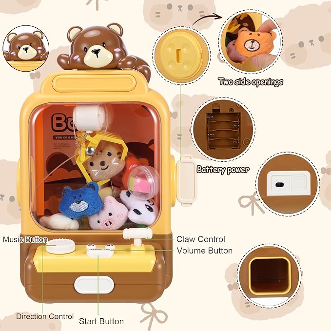 Cartoon Claw Machines for Kids 36 Prizes Age 6+ Mini Vending Machines with Music for Kid with Plush Toy Christmas Birthday Thanksgiving Girls Boys Gifts(Bear)