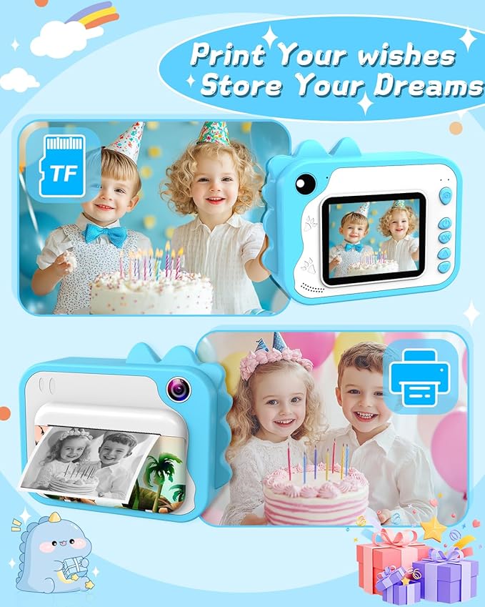 Kids Instant Print Camera 1080p for Ages 3-12 - Ink Free Printing Dinosaur Toddler Camera, Christmas Birthday Gifts for Boys Girls 3-12 Years Old (Blue)