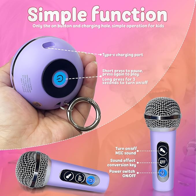 Mini Karaoke Machine for Kids Gifts,3 4 5 6 7 8 9 10 11 12+ Years Old Girl Boy Birthday Gifts Party Singing Toys,Portable Bluetooth Speaker with 2 Wireless Microphone for Teens,Simple Button (Purple)