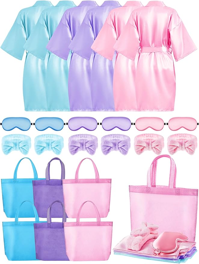 Sintuff 24 Pcs Sleepover Party Supplies for Girls 6 Spa Robes for Girls Slumber Party 6 Tote Bags 6 Headbands 6 Spa Masks