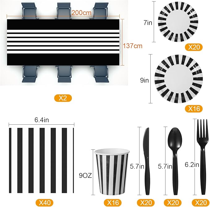 154 Pcs Black and White Party Supplies Black and White Disposable Dinnerware Set Tablecloth Stripe Table Cover Plates Cups Napkins, Knives Forks Spoons Birthday Wedding Decoration