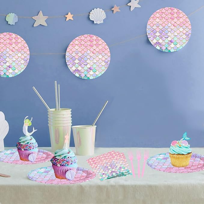 96 Pcs Mermaid Birthday Party Decorations Plates Set for 24 Guests,Little Mermaid Party Supplies Ocean under the Sea Tableware Plate, Fork, Napkins for Princess Girls Baby Shower