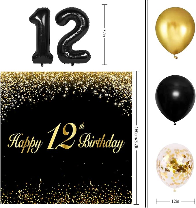 Happy 12th Birthday Balloons Black Set Decor - Cheers to 12 Years Old Party Theme Garland Banner Backdrop Decorations For Boy and Girl Supplies