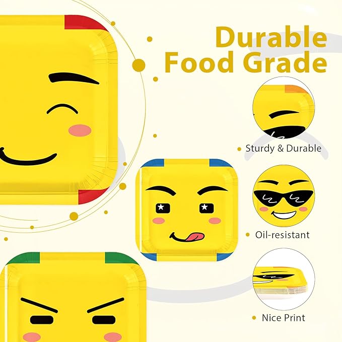 60Pcs Building Birthday Party Paper Plates 7 Inch Disposable Heavy Duty Yellow Character Face Block Plates Cartoon Building Party Decorations Favors for Games Birthday Party Supplies