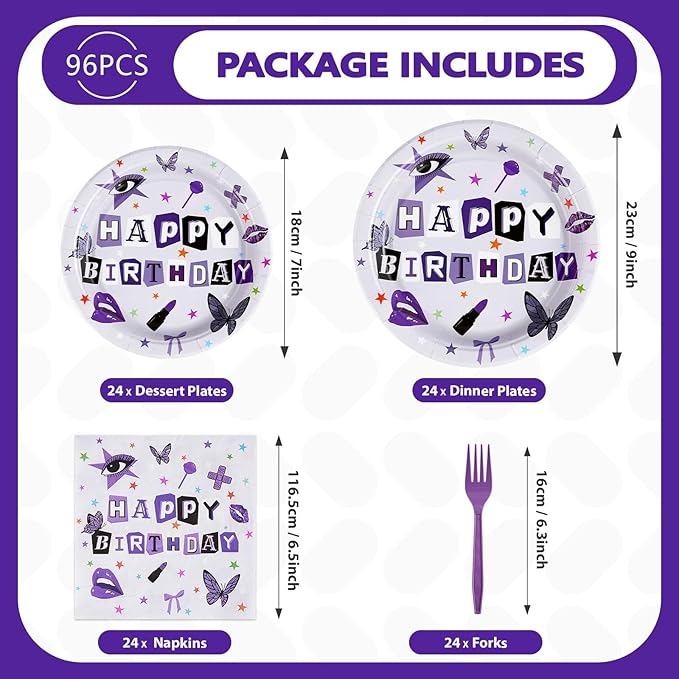 Grencian 96Pcs Purple Music Birthday Party Decorations for Girls Purple Birthday Plates and Napkins Disposable Paper Tableware Set for Vocalist Music Tour Concert Fans Gathering, Serves 24