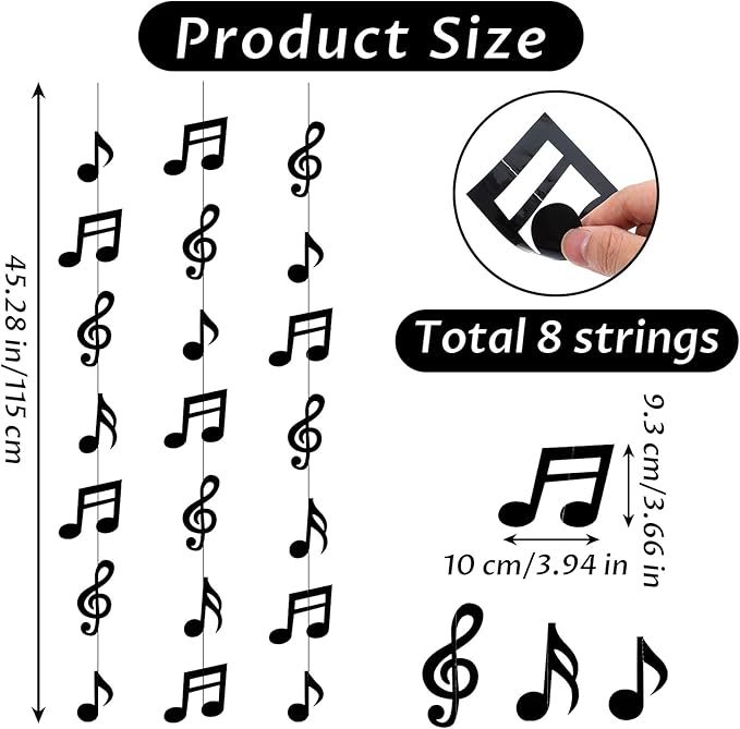 8PCS Music Notes Party Decorations, Black Musical Note Hanging Swirl, Music Theme Party Supplies, Musical Notes Garland for Concerts, Music-Theme Parties, Birthdays, Weddings and Baby Showers