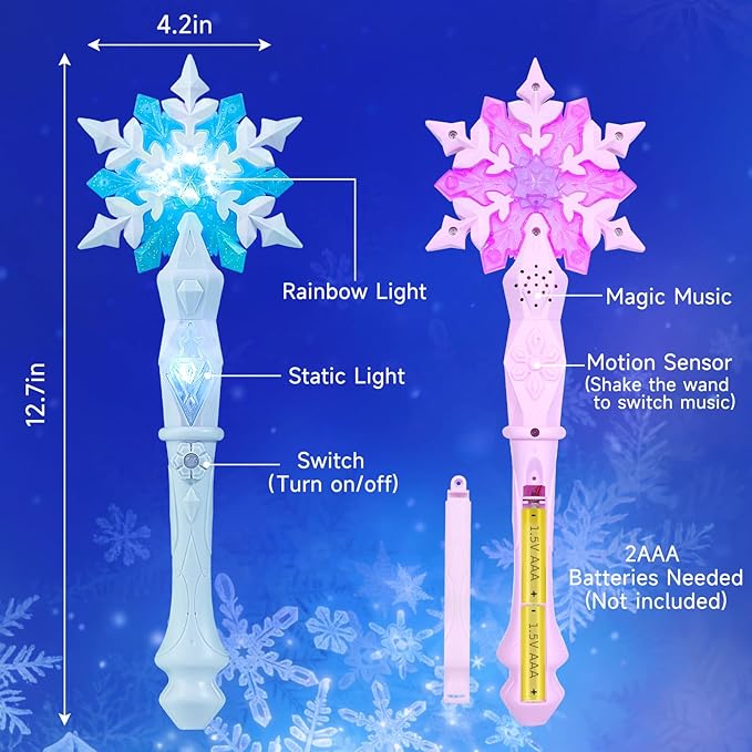 KingGlee Light Up Snowflake Wand with Music, Motion Sensitive Magic Princess Toy Wands for Kids Girls Birthday Roleplay Party Favor 2 Pack, Blue & Pink