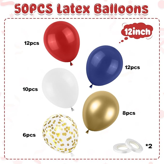 Red White Blue Balloon, 50PCS 12 Inches Navy Blue Dark Ruby Red Latex Balloons Metallic Gold Confetti for Baby Shower Birthday Patriot Graduation Veterans Day Party Decoration