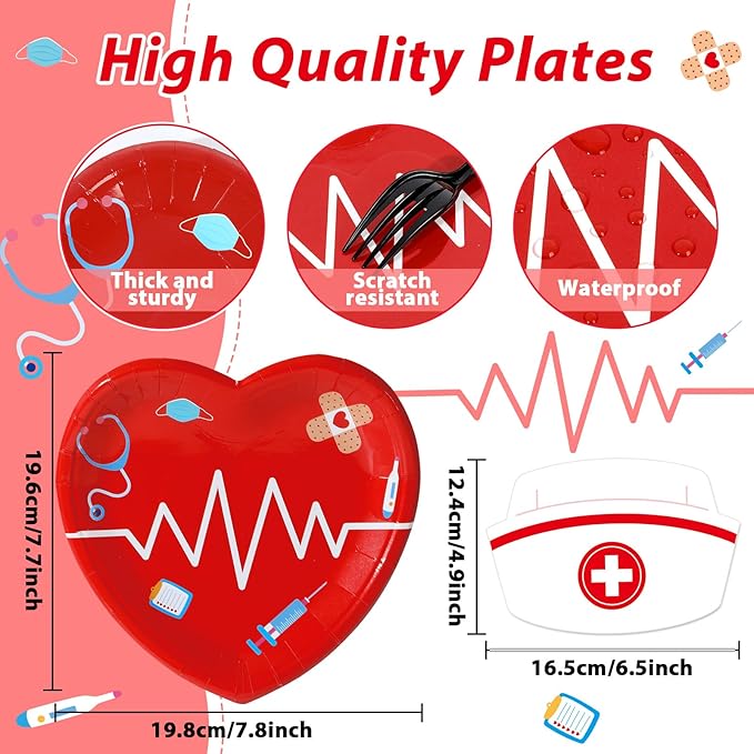 100Pcs Nurse Graduation Paper Plates Napkins Set RN Graduate Party Decorations for Nurses Week Day Doctor Medical School Party Supplies Red Heart Nursing Birthday Disposable Tableware