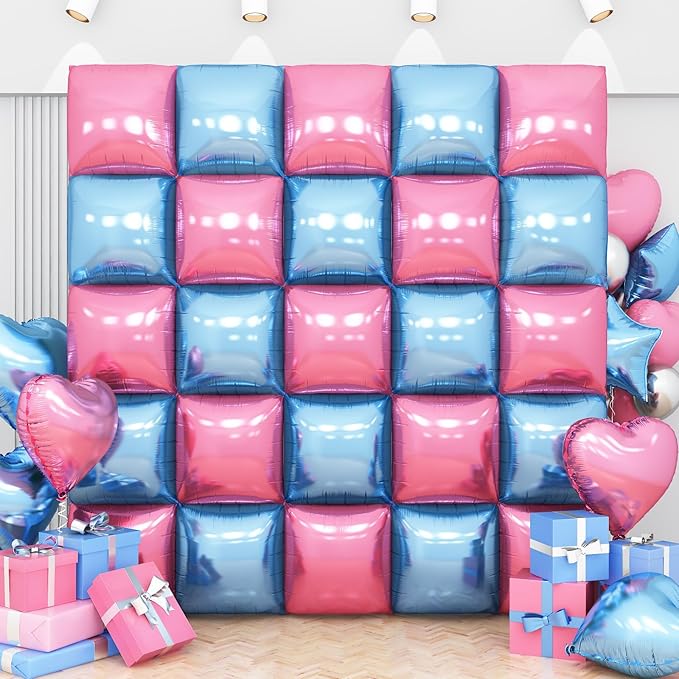 Pink Blue Square Foil Balloon Wall,25Pcs Double Sided Foil Balloons Backdrop Helium Polyester Tunnel Arch Garland Kit for Birthday Gender Reveal Anniversary Baby Shower Party Decorations