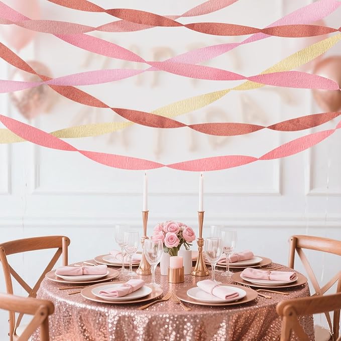 Crepe Paper Streamers Party Decorations, 6 Rolls Pink Rose Gold Party Streamers for Wedding, Birthday, Bachelorette, Baby Bridal Shower Party Decorations