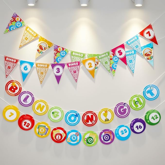 Colarr 4 Pcs Bingo Party Decorations, 2 Colorful Bingo Pennant Banners and 2 Round Flags 5.12 x 7.09 Inch Snooker Game Time Cards Coins Contest Winning Ball Party Supplies