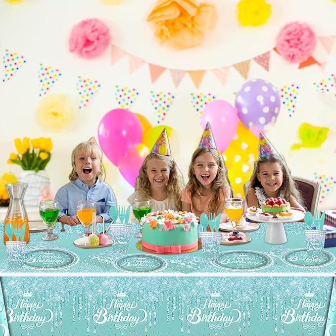 81Pcs Teal and Silver Tableware Set Sparkling Diamonds Party Decoration for Girls and Women Birthday Party Supplies (Blue)