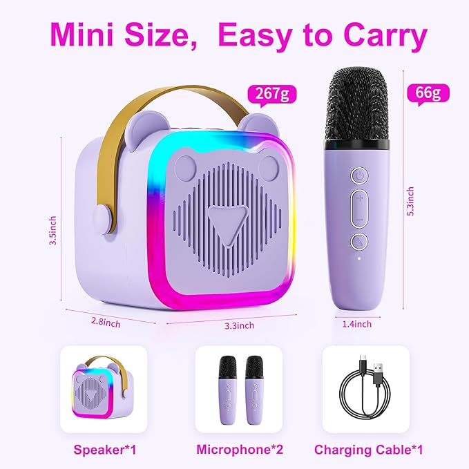 Mini Karaoke Machine for Kids: Portable Singing Toys Speaker with 2 Wireless Microphones for Girls and Boys Ages 3-12+ Years Old（Purple）