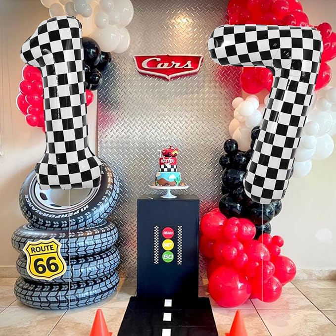 TONIFUL 40 Inch Checkered Number 7 Balloon 7th Race Car Birthday Party Supplies Black and White Large Number Balloon for Girls Boys 7th Birthday Fast Race Car Flag Party Decorations