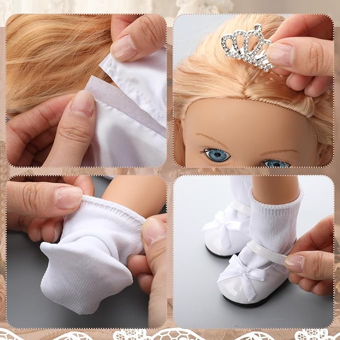 7 Pcs 18 Inches American Doll Clothes Outfit First Communion Dress with Matching Headband Veil Bracelet Shoes Socks Necklaces Fit 18 Inches Dolls, Doll Not Included(Crown)