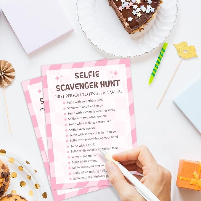 Birthday Party Games Card - Selfie Scavenger Hunt, Bday Party Games for Teen Girl Adult, Set of 20 pcs Game Cards, Birthday Party Favor Activity Sleepover Party Decor Supplies - FS270