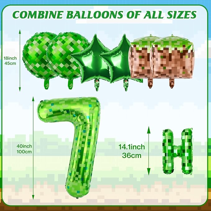 Green Pixel Themed Happy Birthday Banner Party Decorations Set Including 40 Inch Number 7 Foil Balloons, Themed Party Essentials, TNT Pixel Backdrop Supplies for Boys Indoor Outdoor Celebration