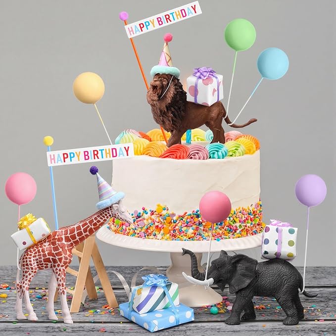 Weysat 37 Pcs Jungle Animal Birthday Party Decorations, Safari Animal Cake Toppers with Mini Hats Miniature Flags Gift Boxes Balls Figure Models for Wild Animals Birthday Party Supplies for Adults