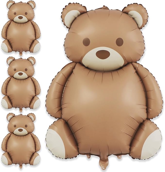 4 Pack Giant Teddy Bear Balloons,35 Inch Matte Brown Foil Mylar Balloons for Beary First Birthday Decorations,Teddy Bear Baby Shower Party Supplies,Woodland Theme Neutral Party Decor